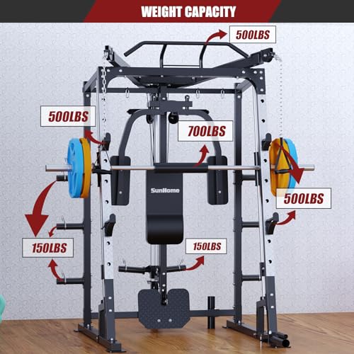 SunHome Smith Machine, 2000LBS Power Cage Squat Rack with Smith Bar, Two LAT Pull-Down Systems
