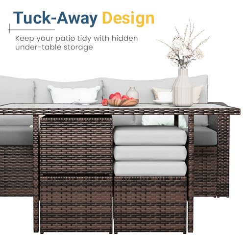 Wisteria Lane Outdoor Patio Furniture Set, 7 Piece Outdoor Dining Sectional Sofa with Dining Table and Chair