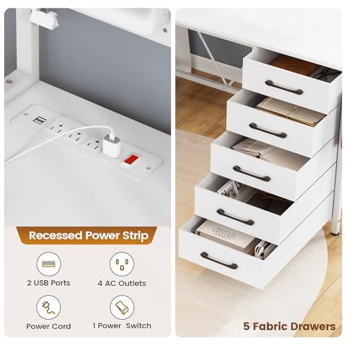 SEDETA L Shaped Gaming Desk with Drawers, L Shaped Computer Desk with Hutch and Storage Shelves, Gaming Desk with Pegboard, Led Lights