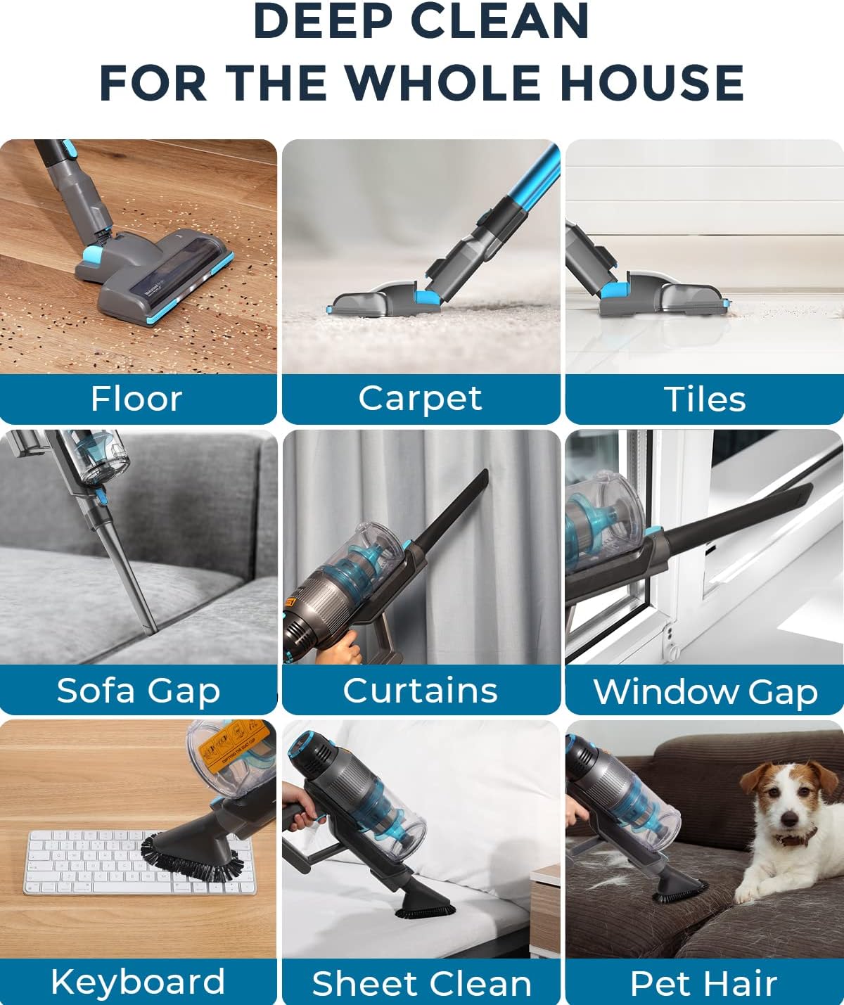Syvio Cordless Vacuum Cleaner with Self Stand, 22KPa 235W Dry Lightweight Stick Vacuum 6 in 1, 40Min Runtime, Adjustable Height, LED Light
