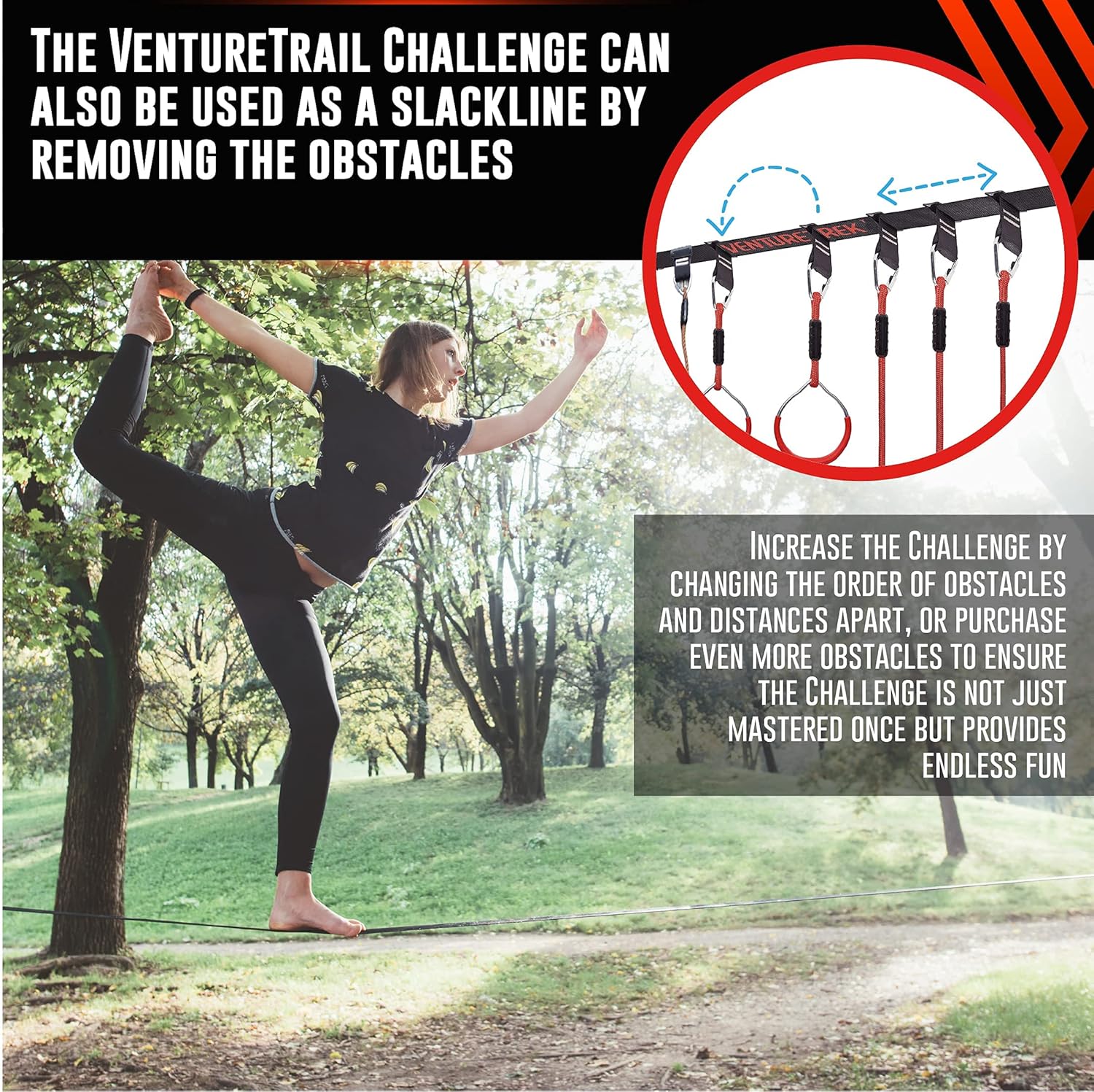 VENTURETRAIL 50FT American Ninja Warrior Obstacle Course for Kids, Ninja Warrior Kids, Ninja Slackline for Backyard