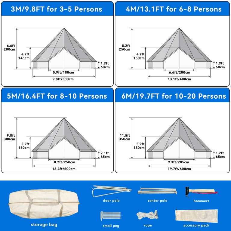 Dextrus Camping Tent 4 Seasons Glamping Bell Tent Waterproof with Stove Jacks &amp; 4 Breathable Windows Cotton for Outdoor Family Party