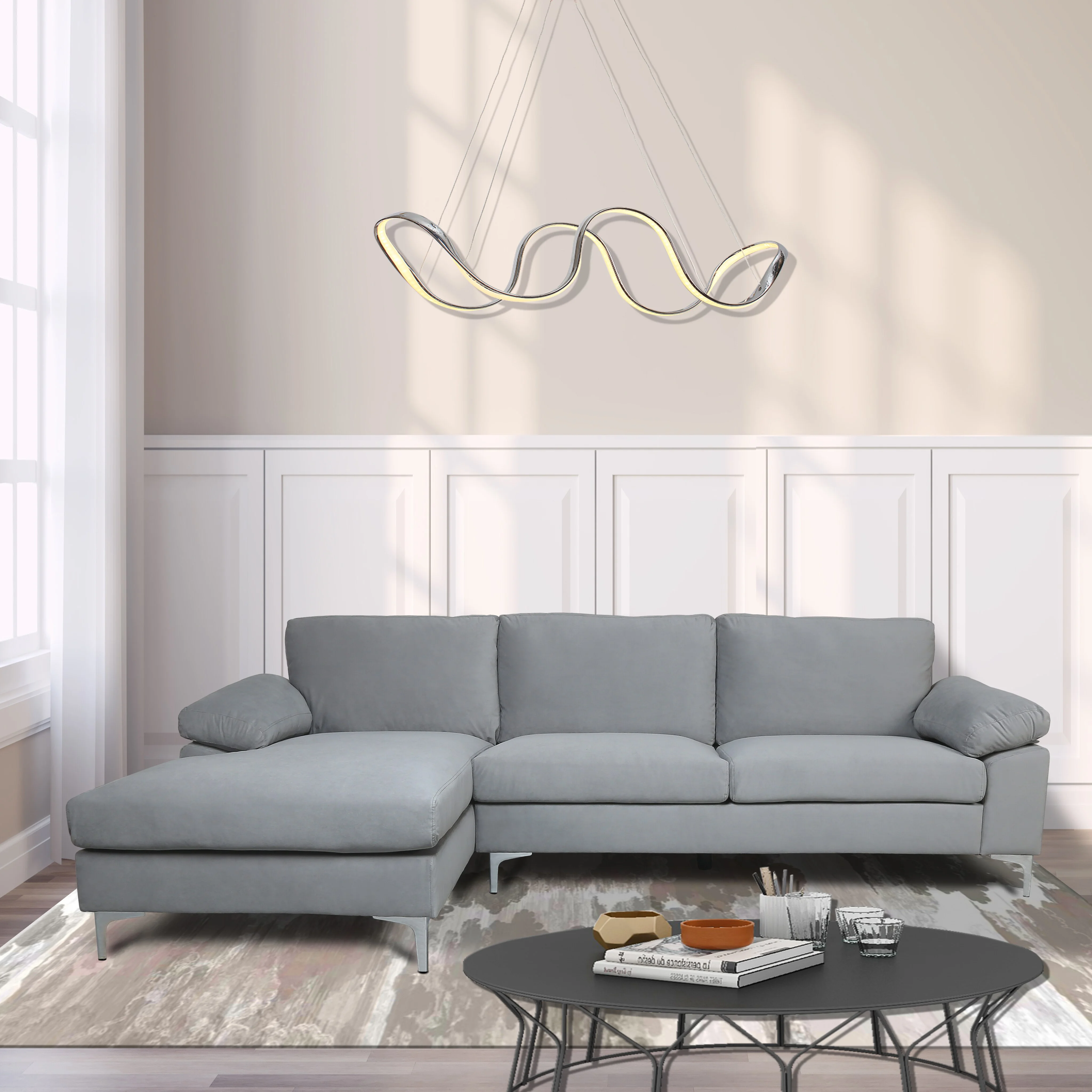 Fooing Modern Velvet Sofa Sectional Sofa, L-Shape Sofa  Couch with Extra Wide Chaise Lounge, Left Hand Facing Gray
