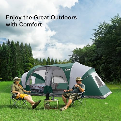 CAMPROS CP Tent 12-Person-Camping-Tents,3 Room Family Tents,Waterproof Windproof Family Tent with Top Rainfly,6 Large Mesh Windows,Double Layer
