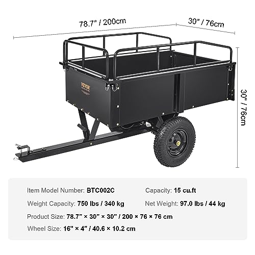 VEVOR Heavy Duty ATV Dump Cart - Steel Tow Behind trailer, 750 lbs, 15 Cubic Feet Garden Utility with Removable Sides