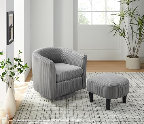 360 Degree Swivel Chair with Ottoman, Modern Upholstered Tufted Barrel Swivel Chair, Corduroy Fabric Accent Chair