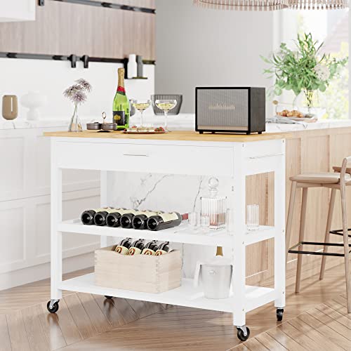 Shintenchi Rolling Kitchen Island Cart with Folding Drop Leaf Breakfast Bar, Portable Trolley Island with Large Storage Cabinet, Shelf and Drawer