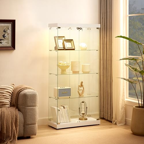 Glass Display Cabinet with LED Lights, Glass Curio Cabinets with Double Doors, Locking Glass Cabinet Display Case for Home, Office, Clinic, Pantry