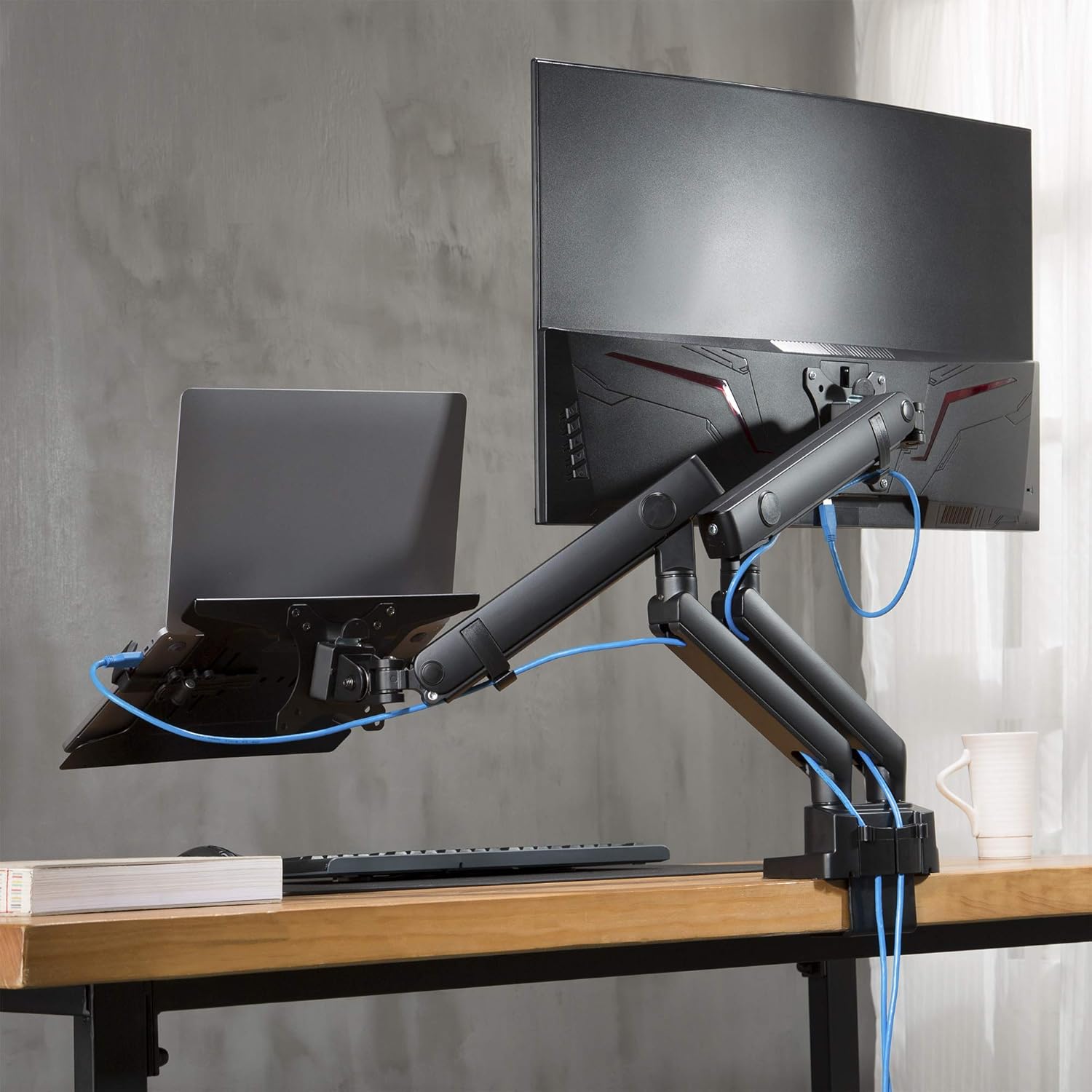AVLT Laptop and Monitor Arm - Mount 15.6" Notebook and 32" Monitor on 2 Full Motion Adjustable Arms