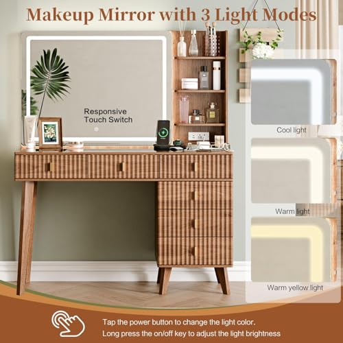 Large Makeup Vanity Desk with Mirror and Lights, Vanity Desk with 6 Drawers & Storage Shelves, Vanity Table with Power Outlet
