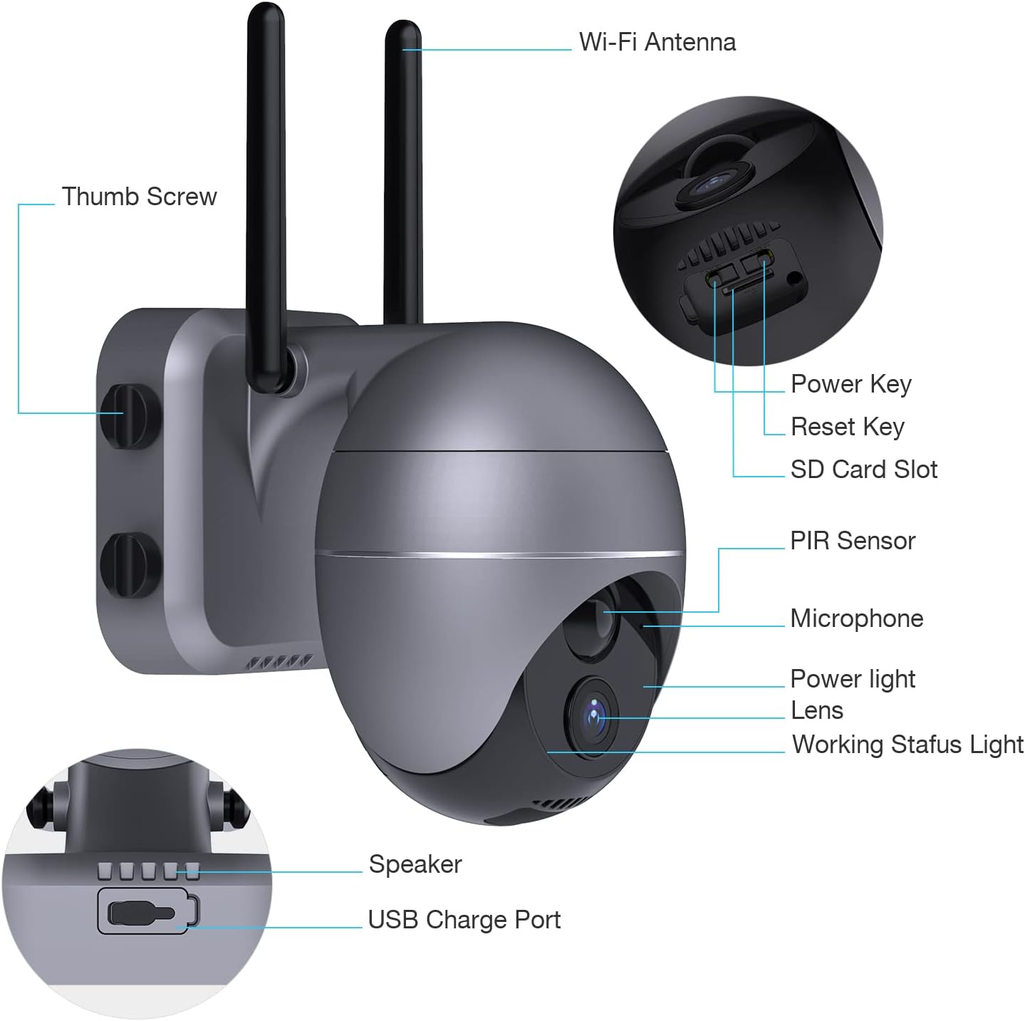 Wireless Security Camera Outdoor, 1080P 360° PTZ Rechargeable Battery Camera WiFi with Night Vision, 2-Way Audio, PIR Motion Detection, Cloud Storage