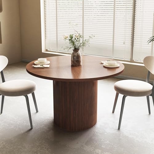 47 inch Round Dining Table for 4, Kitchen Table Dinner Table with 2-Layer Storage Shelf and Wood Slide Door for Home Dining Room Living Room (Walnut)