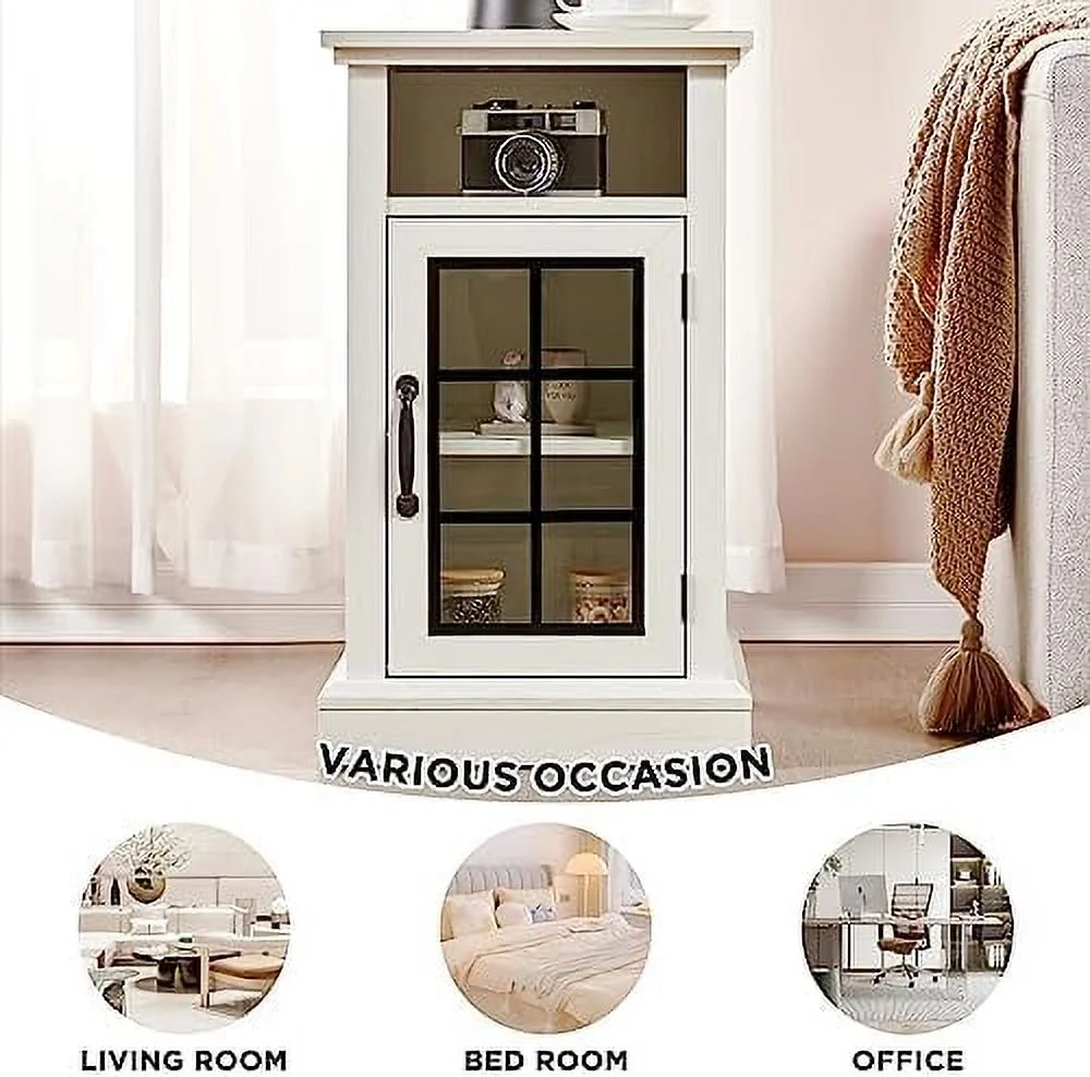 Set of 2 End Table with Charging Station&amp;USB Ports   Side Table Cabinet with Glass Door for Living Room  Bedroom  Distressed White