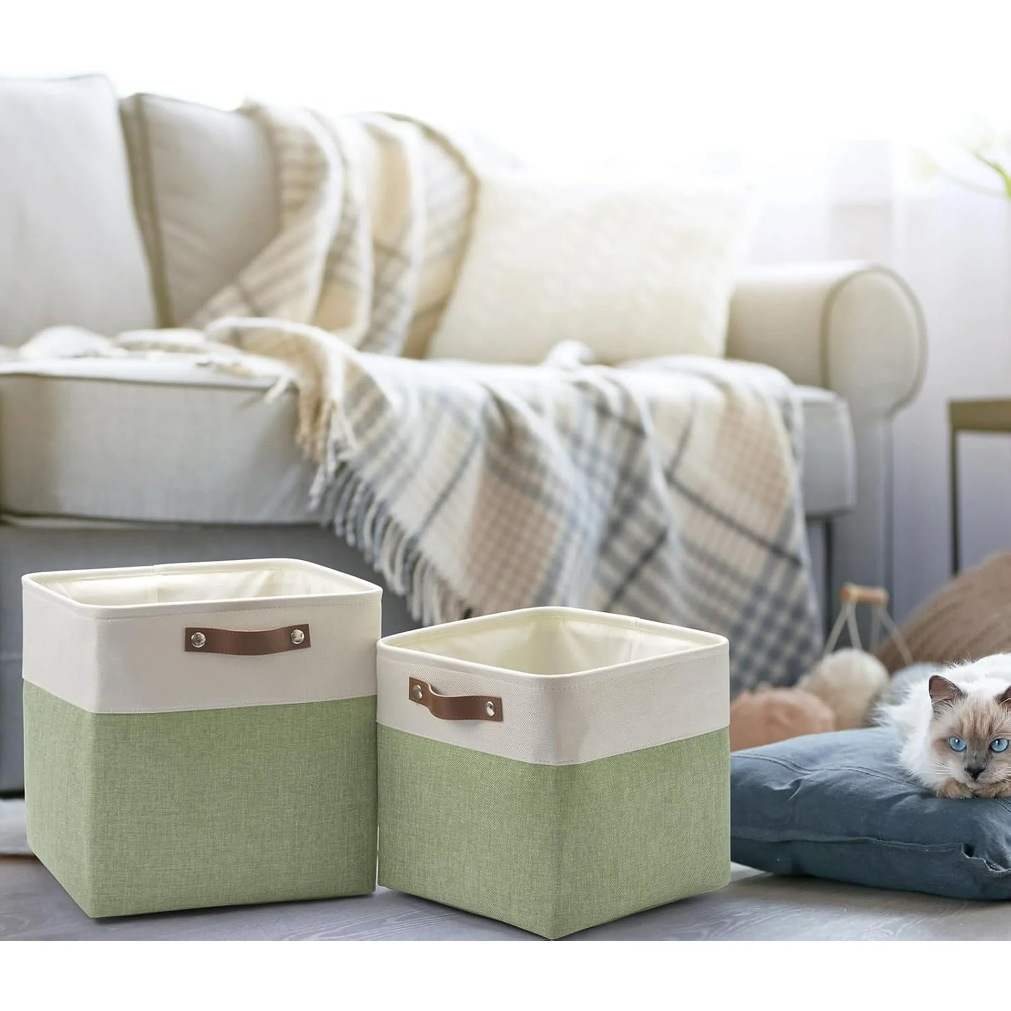 Collapsible Fabric Cube Storage Bins 11x11×11, Pack of 6 Closet Basket Boxes with PU Handles for Organizing Shelves, Toys, Clothes, Home, Laundry