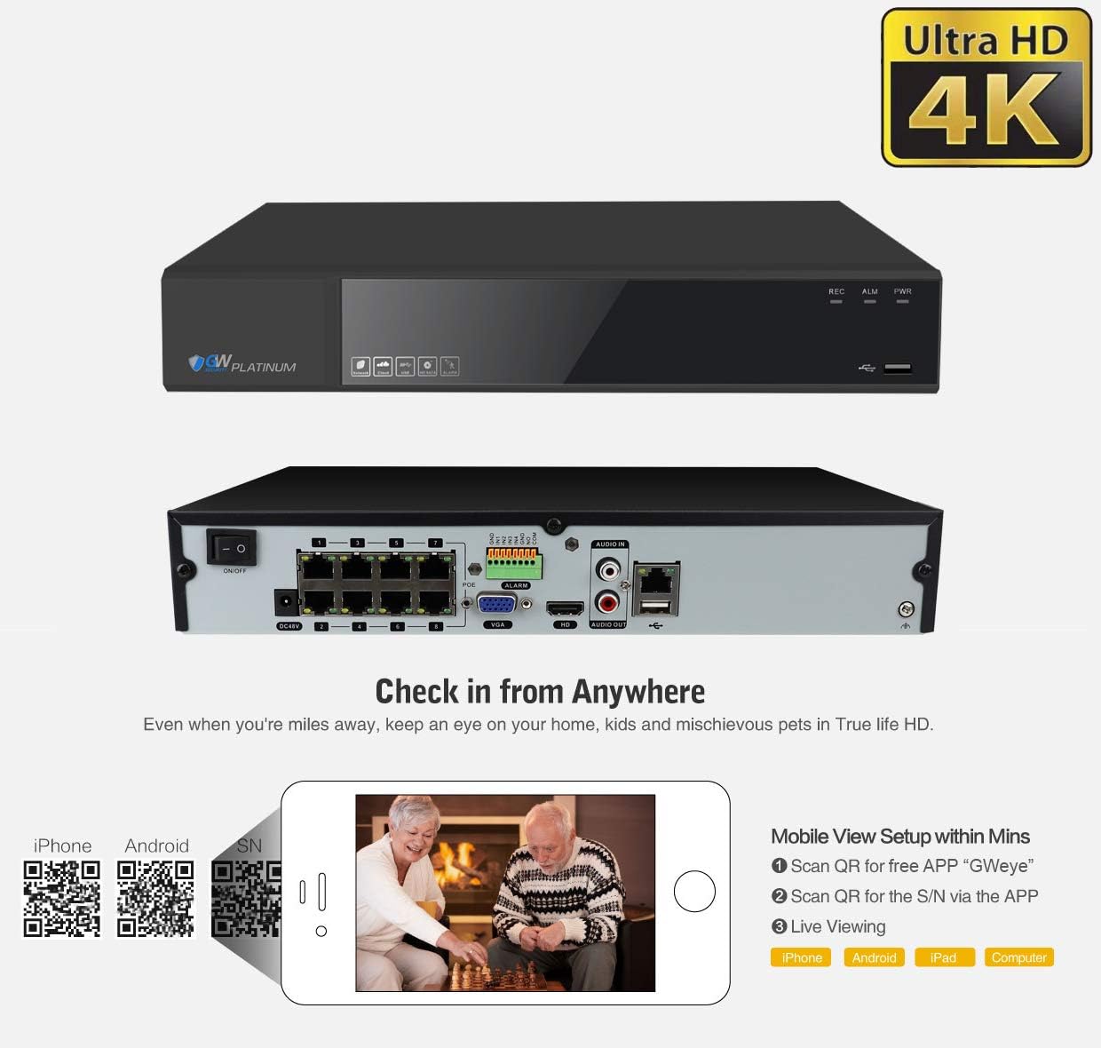 GW Security 8 Channel 4K NVR 8MP (3840x2160) H.265+ IP PoE Starlight Security Camera System with 4 Outdoor/Indoor 2.8-12mm Varifocal Zoom 8.0