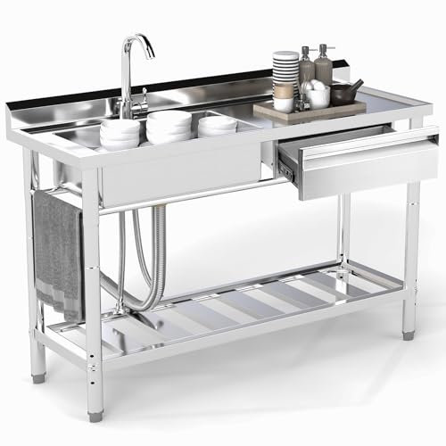 Stainless Steel Utility Sink, 47.2'' Free Standing Single Bowl Kitchen Sink with Right Drawer, Cold and Hot Water Pipe