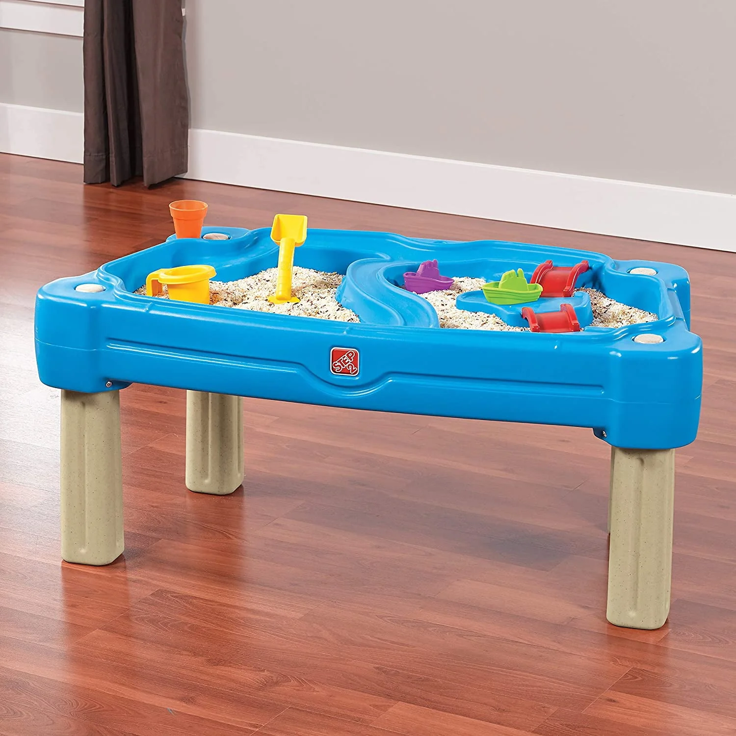 Step2 Cascading Cove Blue Plastic Sandbox and Water Table for Toddlers with Cover and Umbrella