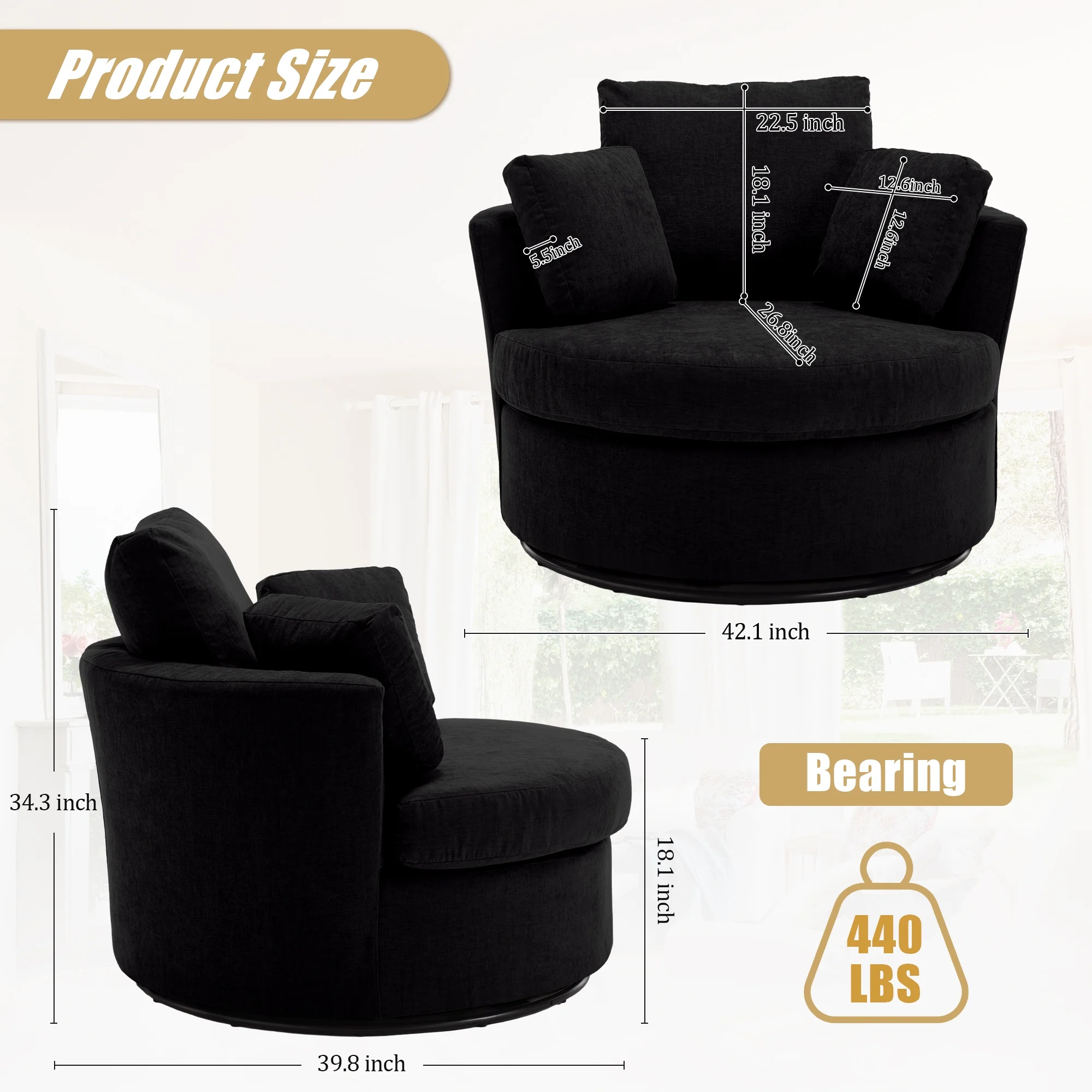 Muumblus Chenille Swivel Accent Chair Barrel Chair, Oversized Comfy Armchair with Pillows, Modern Leisure Sofa Chair for Living Room Bedroom, Black
