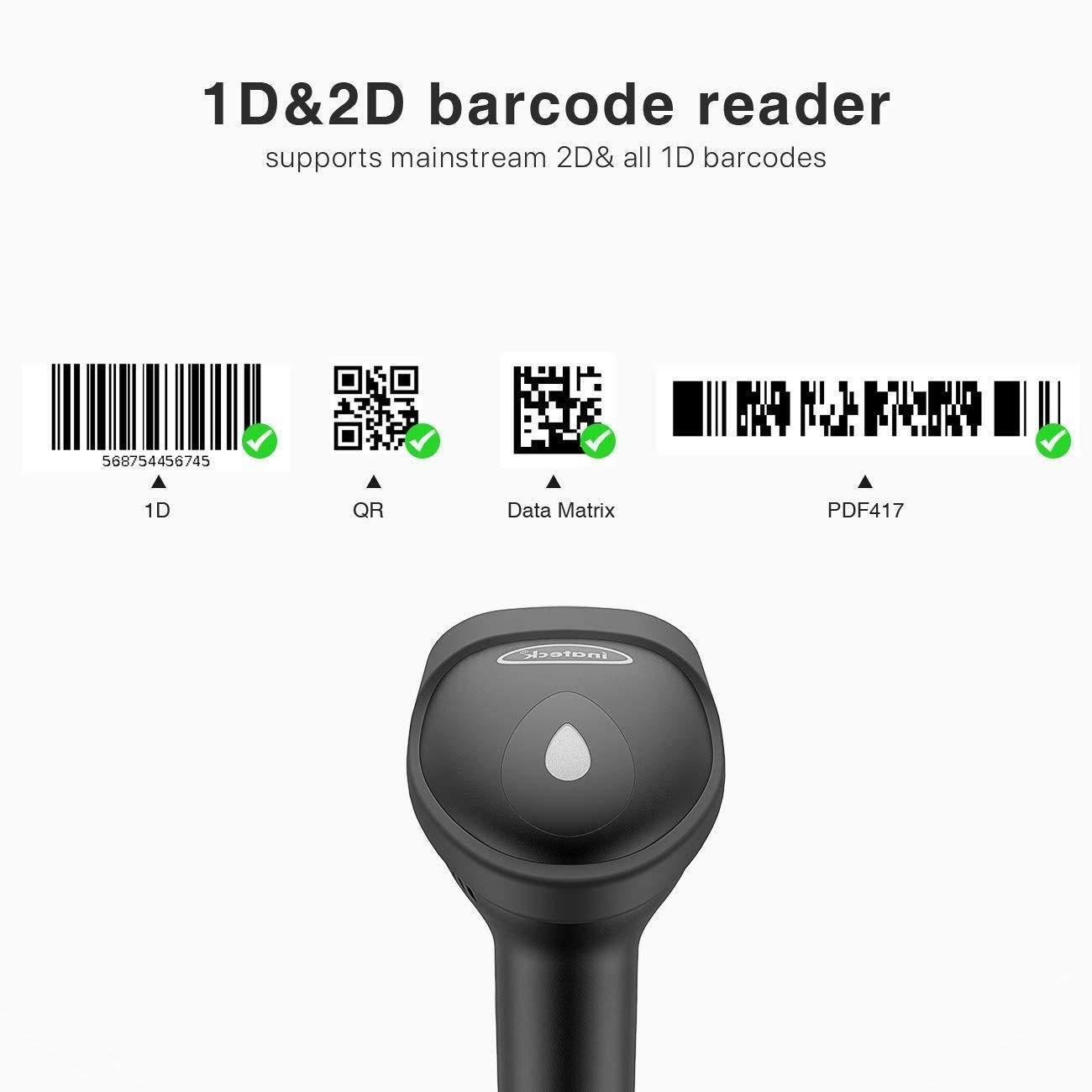 Inateck 2D Wireless Bluetooth Barcode Scanner, Read Barcodes on Displays, Black BCST-50