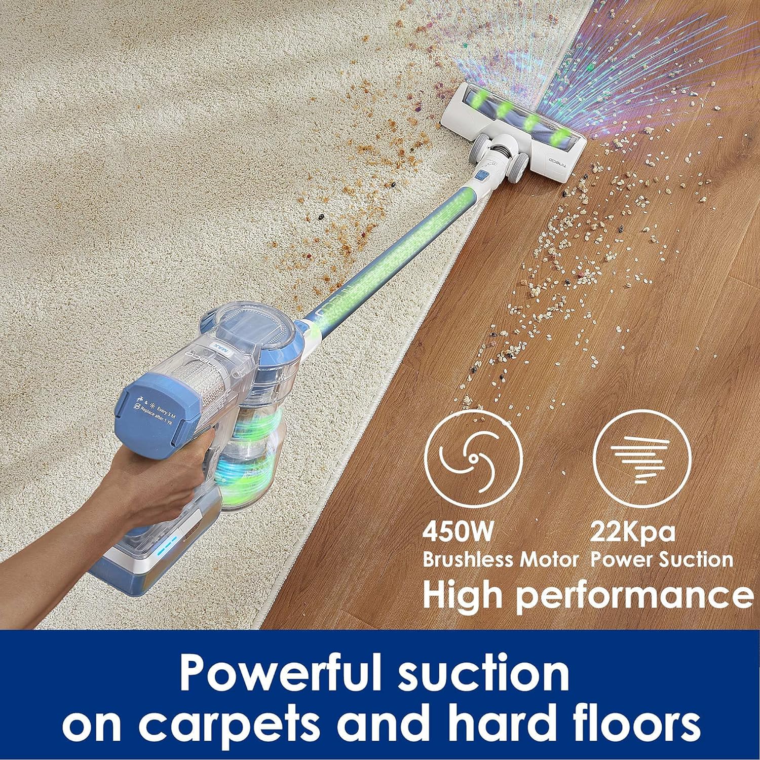 Tineco A11 Hero Cordless Lightweight Stick Vacuum Cleaner, 450W Motor for Ultra Powerful Suction Handheld Vac for Carpet, Hard Floor & Pet