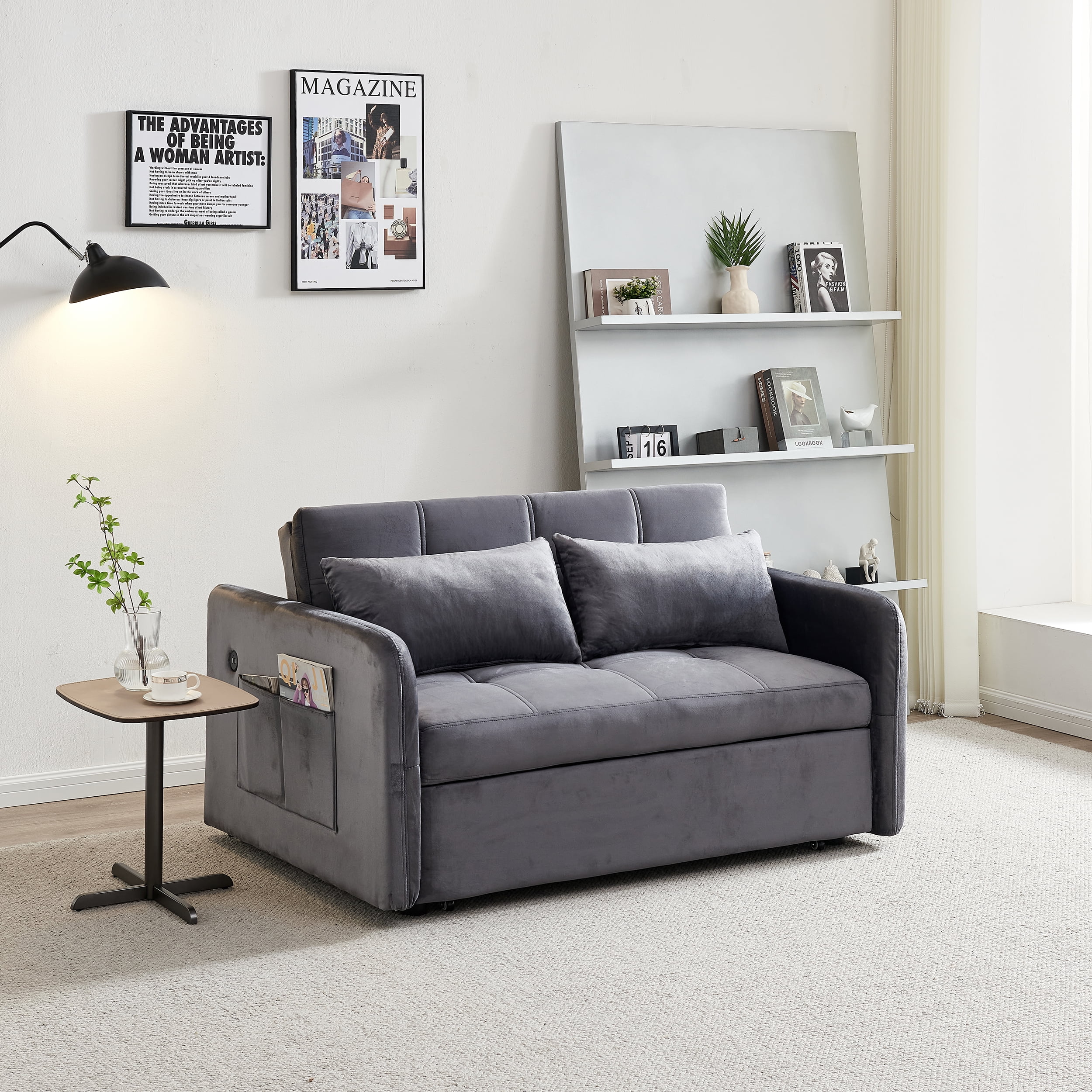 Modern Velvet Pull Out Convertible Sofa Bed, Folding Sleeper Couch Loveseat with Pillows and USB Port for Living Room Bedroom