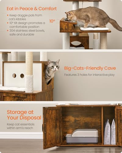 Feandrea Cat Tree, 66.9-Inch Cat Tower with Litter Box Enclosure, Large Cat Condo with Food Station, Storage, Scratching Posts, Cat Cave, Hammock