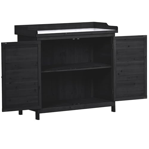 Merax 66" Large Outdoor Farmhouse Wooden Potting Bench Table, Garden Workstation with 2 Drawers, Cabinet, and Open Shelves for Backyard, Mudroom