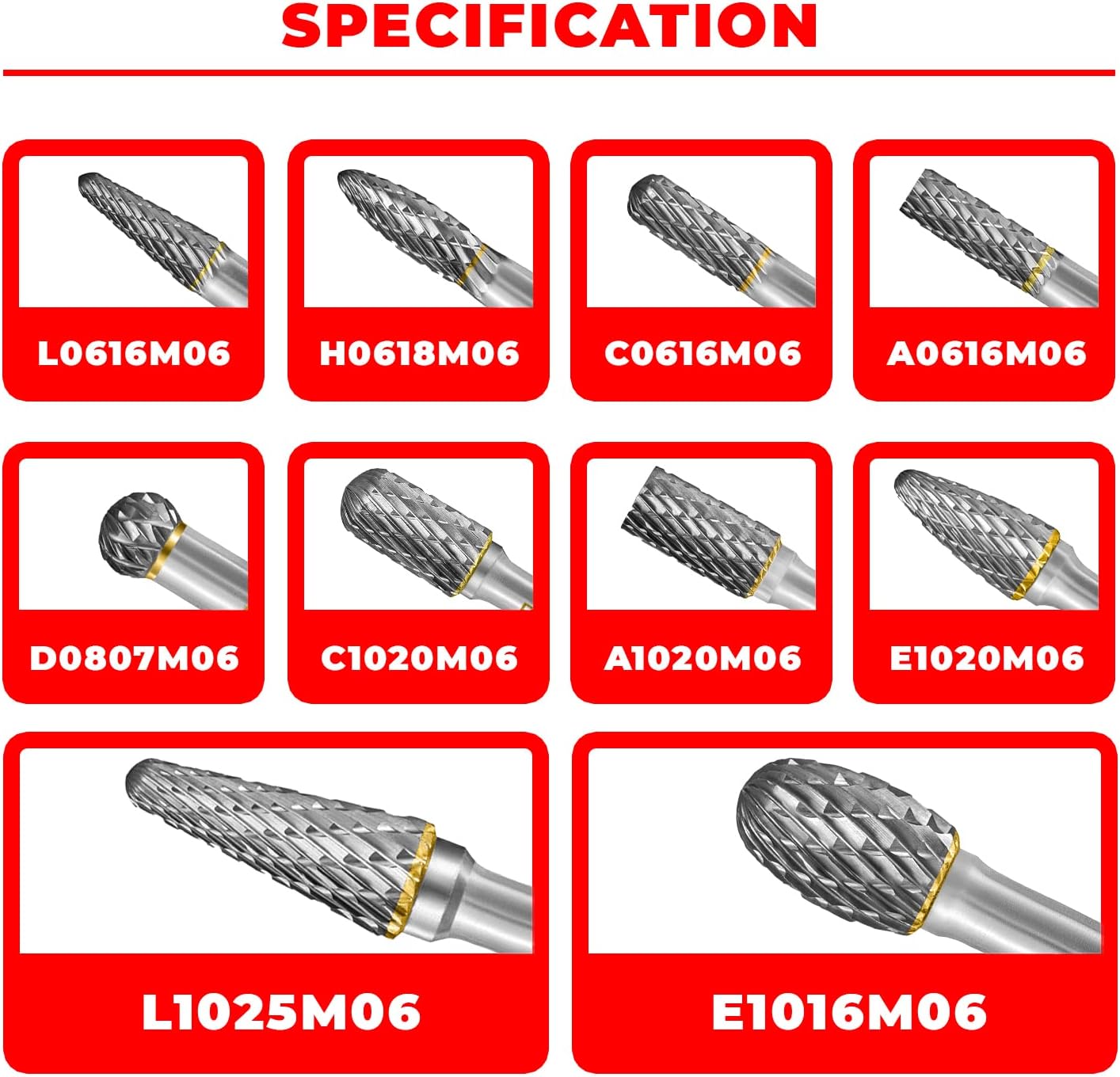Tungsten Carbide Burr Set 1/4" Shank 10PC Double Cut Rotary Cutting Burrs Die Grinder Bits for Steel and Wood Working, Grinding, Carving