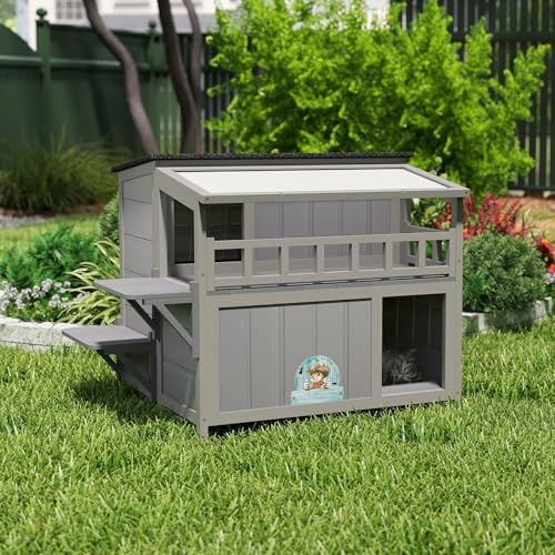 Outdoor Cat House, 2-Tier Warm Wood Cat Shelter with Sunlight Roof, Balcony, Jumping Platforms, Kitty Pet Porch Enclosure, Weatherproof, Openable