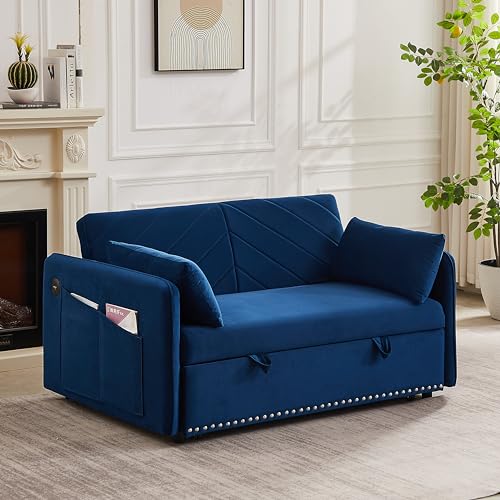 3-in-1 Versatile Velvet Sofa, Convertible Sleeper Sofa Bed with Pullout Bed, Comfy Loveseat with 2 Lumbar Pillows and Side Pocket