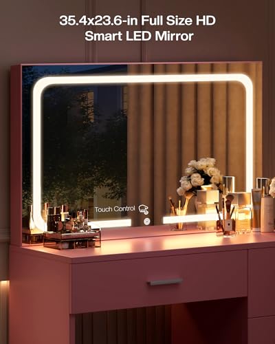 Vanity Desk with LED Mirror, Makeup Vanity with Drawer and Cushion Stool, Dressing Table for Bedrrom, White