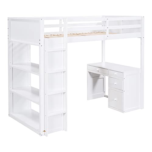 Harper & Bright Designs Full Size Loft Bed with Wardrobe and Desk, Solid Wood Loft Bed Frame with Storage, for Kids Teens Adults (Full Size, White)