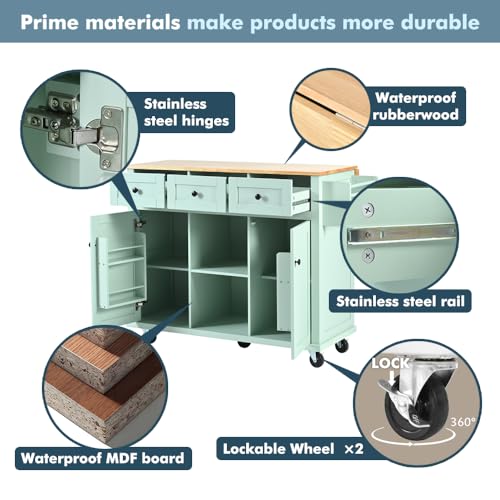 Rolling Kitchen Island on Wheels with Storage Cabinet and Drawers, Island Table for Kitchen with Towel and Spice Rack