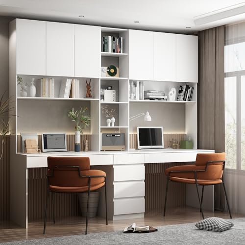 Homsee Modern 2-in-1 Computer Desk for 2 Person with Tall Bookshelf, 94.5" L Office Desk Writing Study Table with 6 Drawers