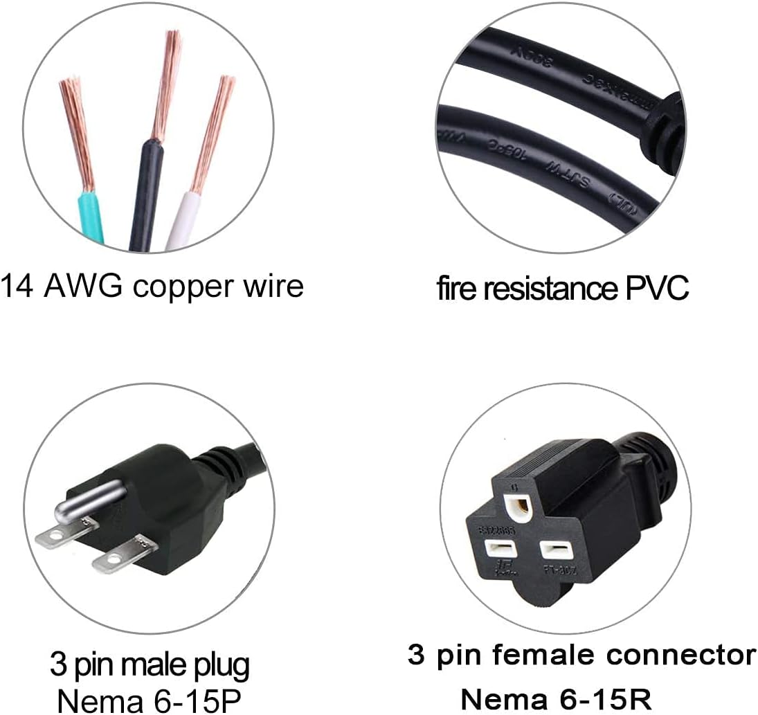 20FT NEMA 6-15P/6-15R Power Extension Cord for 220/240V Air-Condition,Power Cable for Led Grow Lights, Digital Ballast Power Cord