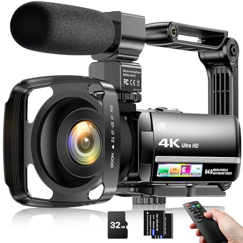 4K Video Camera Camcorder 64MP Vlogging Camera for YouTube 18X Digital Zoom 3.0" IPS Screen IR Night Vision with External Stereo Microphone
