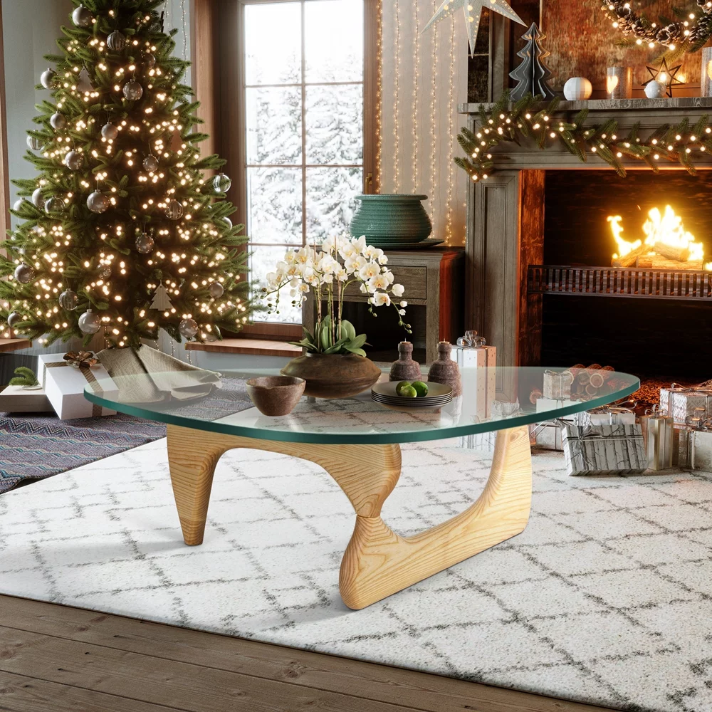 Mid Century End Table Triangle Tempered Glass Coffee Table Solid Wooden Base for Living Room Patio,Nature Wood Color - Radiant Selections