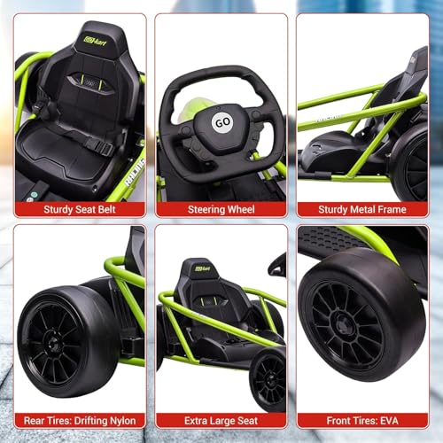 Go Kart Electric Drift Kart Car, 24V Outdoor Ride on Toy, Fast 2×300W Motor, 8 MPH High Speed Drift Car, with Music and Slow Start