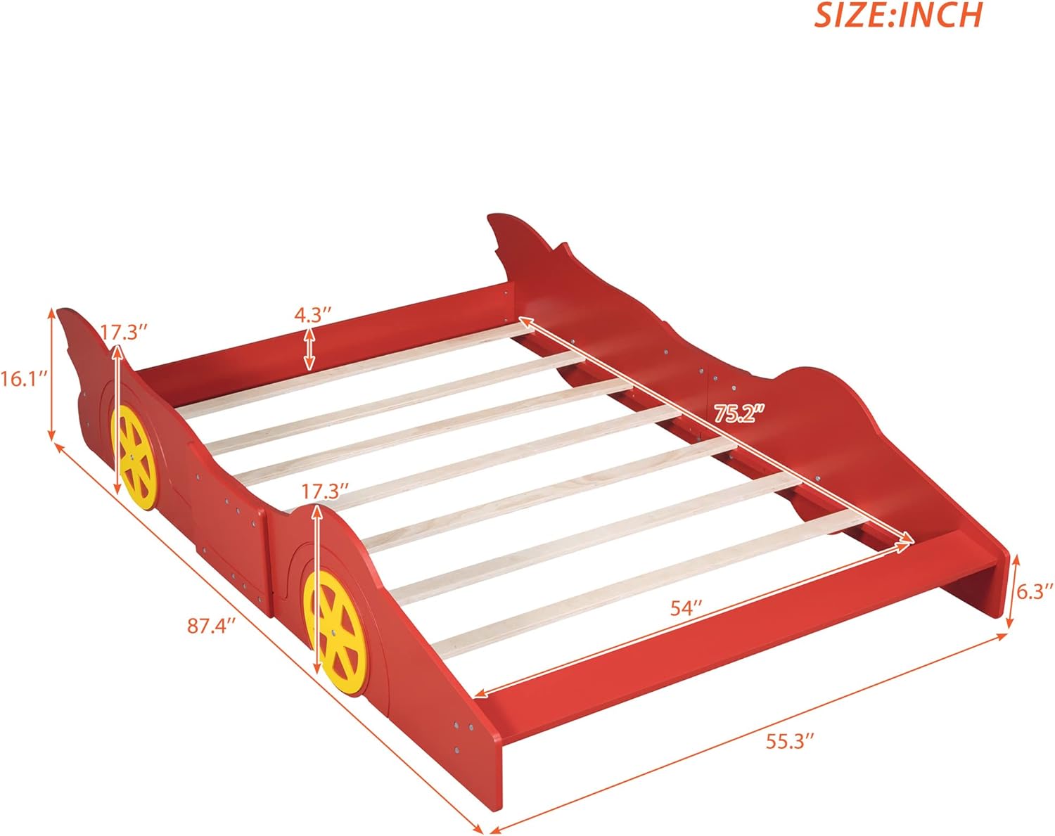 Full Size Race Car-Shaped Platform Bed with Wheels, Kids Car Bed, Wooden Car Shaped Platform Bed Frame for Kids Boys Girls Bedroom