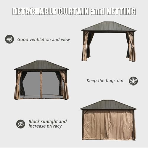 Domi 10’ x 10’ Hardtop Gazebo Metal Frame Canopy with Netting & Curtains