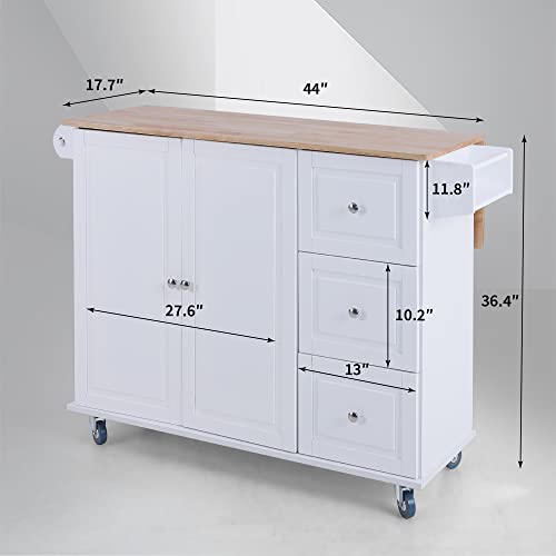 GREEN PARTY Kitchen Island on Wheels, Portable Rolling Kitchen Cart Storage Cabinet with Drop Leaf,Spice Rack, Towel Rack & Drawers-White