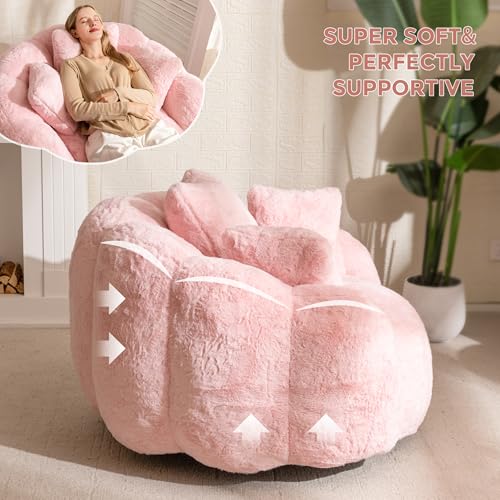 MAXYOYO Bean Bag Chair for Adults, Floral Shaped Bean Bag Sofa, Ultra Soft Faux Fur Floor Sofa, Large Reading Chair for Living Room Bedroom, Beige