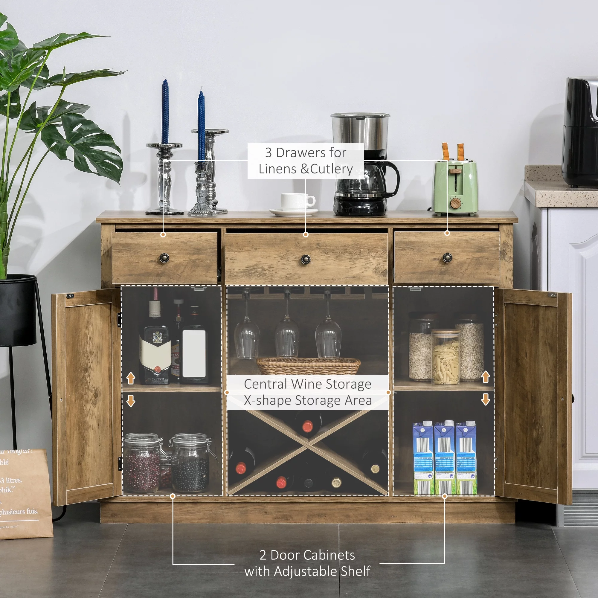 HOMCOM Farmhouse Coffee Bar Cabinet, Wine Cabinet with 3 Drawers, x-Shaped Wine Rack, Rustic Oak Grain