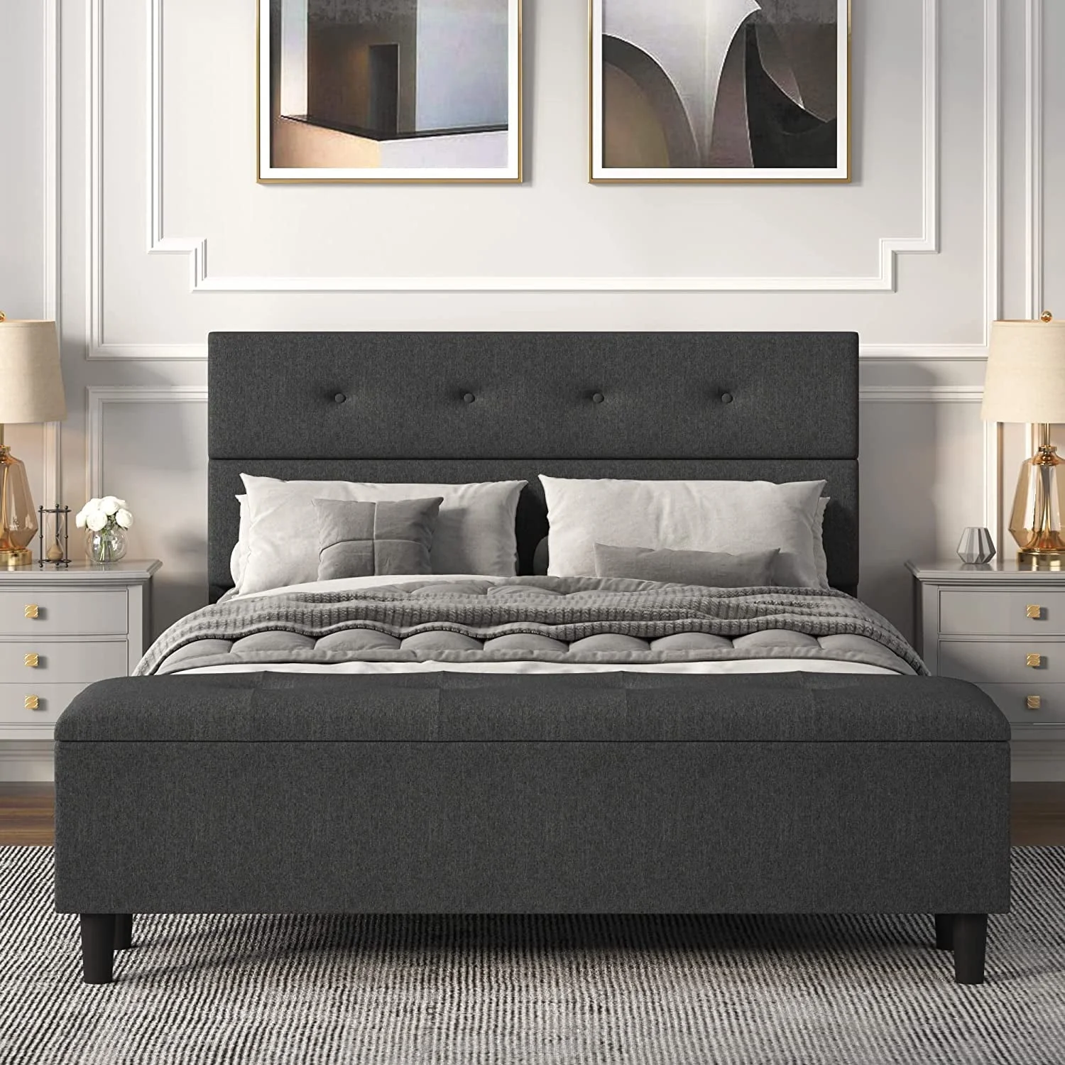 Allewie Queen Size Upholstered Platform Bed Frame with Storage Bench, Dark Grey
