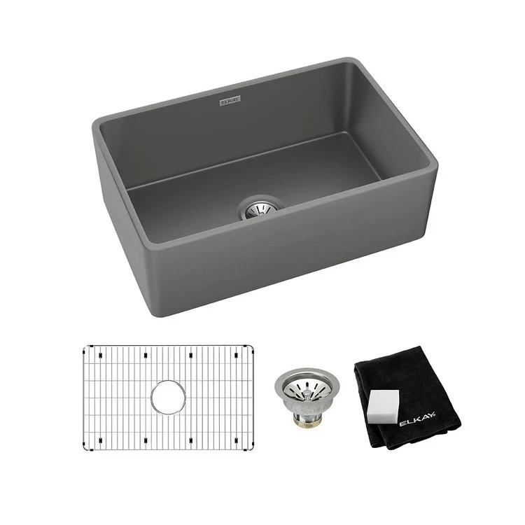 Kitchen Sink Fireclay 30 x 20 Inch Single Bowl Kit Apron Front Matte Gray Farmhouse Drain Location Center