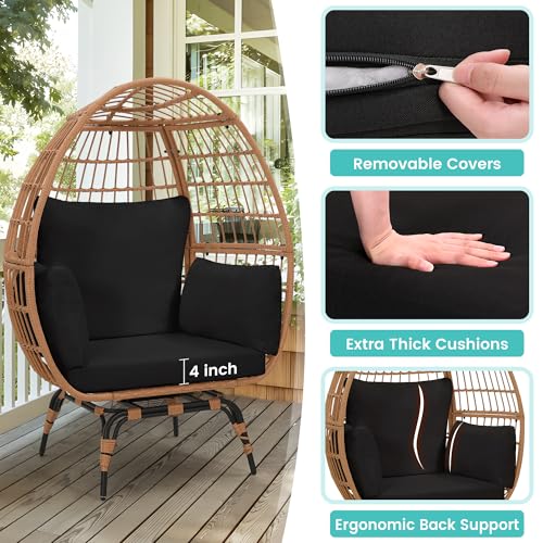 Oversized 360 Swivel Rattan Egg Chair for Adult, Indoor Outdoor Patio Large Wicker Egg Chair with Overstuffed Cushions, 440lb Weight Capacity