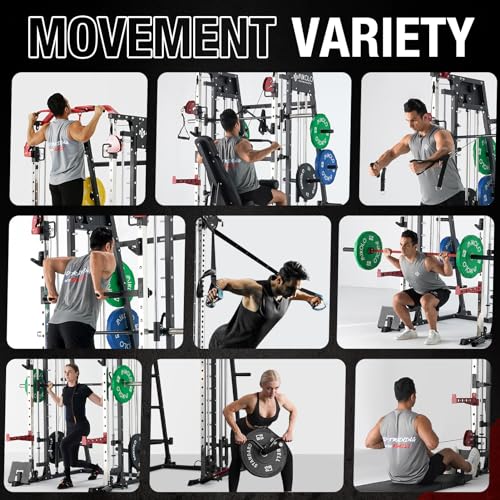 Mikolo Smith Machine, 2200lbs Squat Rack with LAT-Pull Down System & Cable Crossover Machine, Power Cage with Leg Hold-Down Attachment, Red