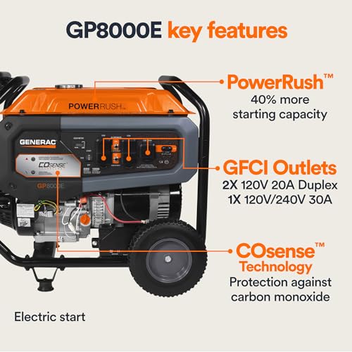 Generac 8,000-Watt Gas-Powered Portable Generator - Electric Start with COsense - PowerRush Advanced Technology - Reliable Power for Emergencies