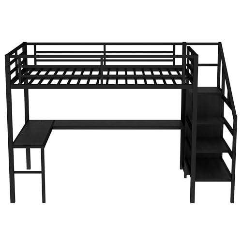 Full Loft Bed with Desk - Metal Gaming Bed with L-shaped Desk, USB, Wardrobe & Adjustable Shelf, High Loft Bed with Safety Guardrails & Stairs