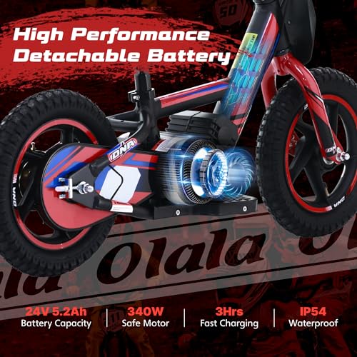 OLALA Electric Dirt Bike for Kids Aged 3-6, 170W Racing Grade Electric Motorcycle, New Aluminum Frame with 2 Power Modes, 24V Detachable Battery